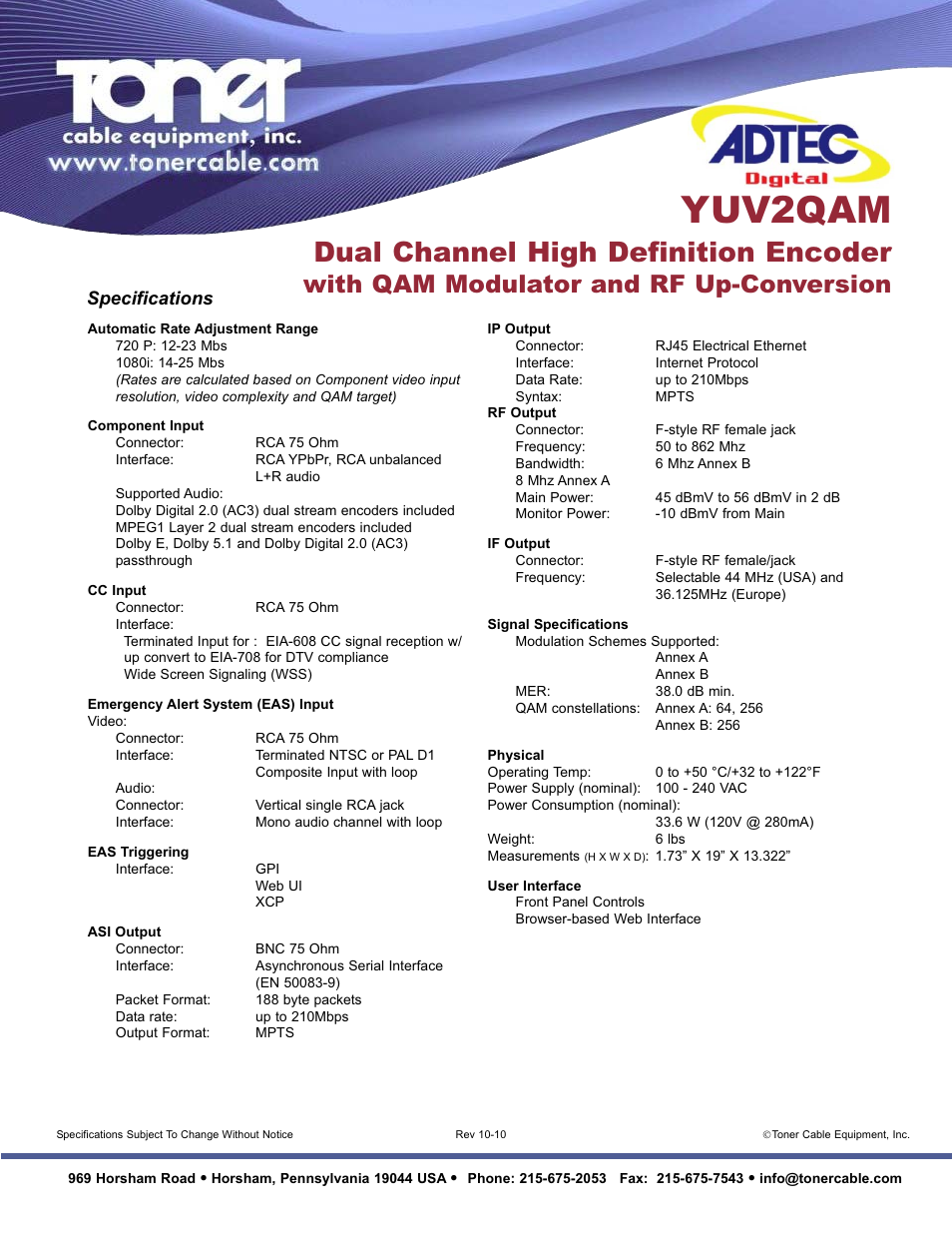 Yuv2qam, Dual channel high definition encoder, With qam modulator and rf up-conversion | Specifications | Toner Cable YUV2QAM Dual Channel High Definition Encoder User Manual | Page 2 / 2