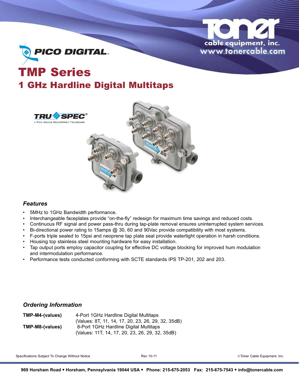 Toner Cable TMP Series 1 GHz Hardline Digital Multitaps User Manual | 1 page