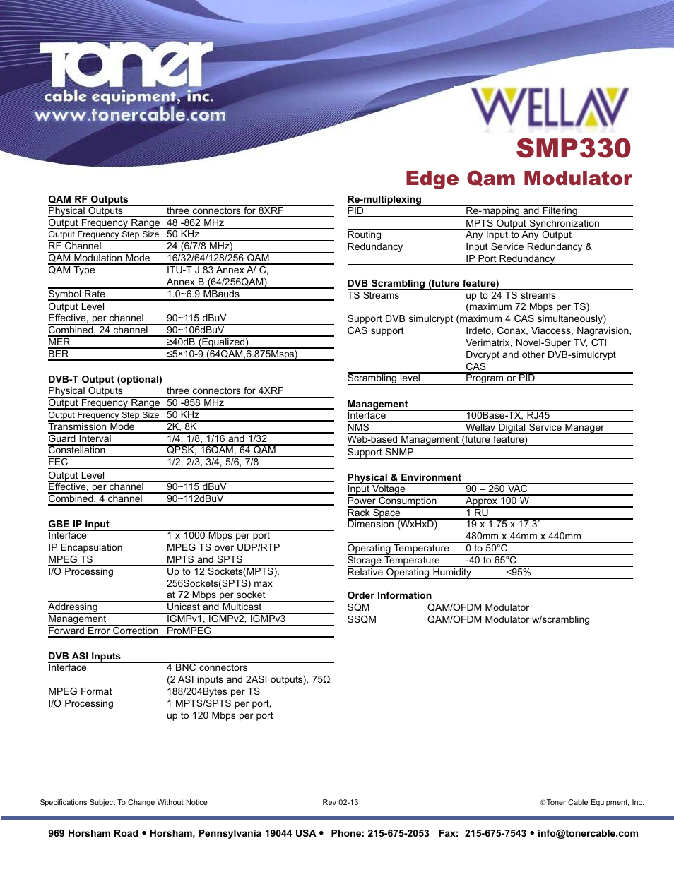 Smp330, Edge qam modulator | Toner Cable SMP330 Edge QAM Modulator User Manual | Page 2 / 2