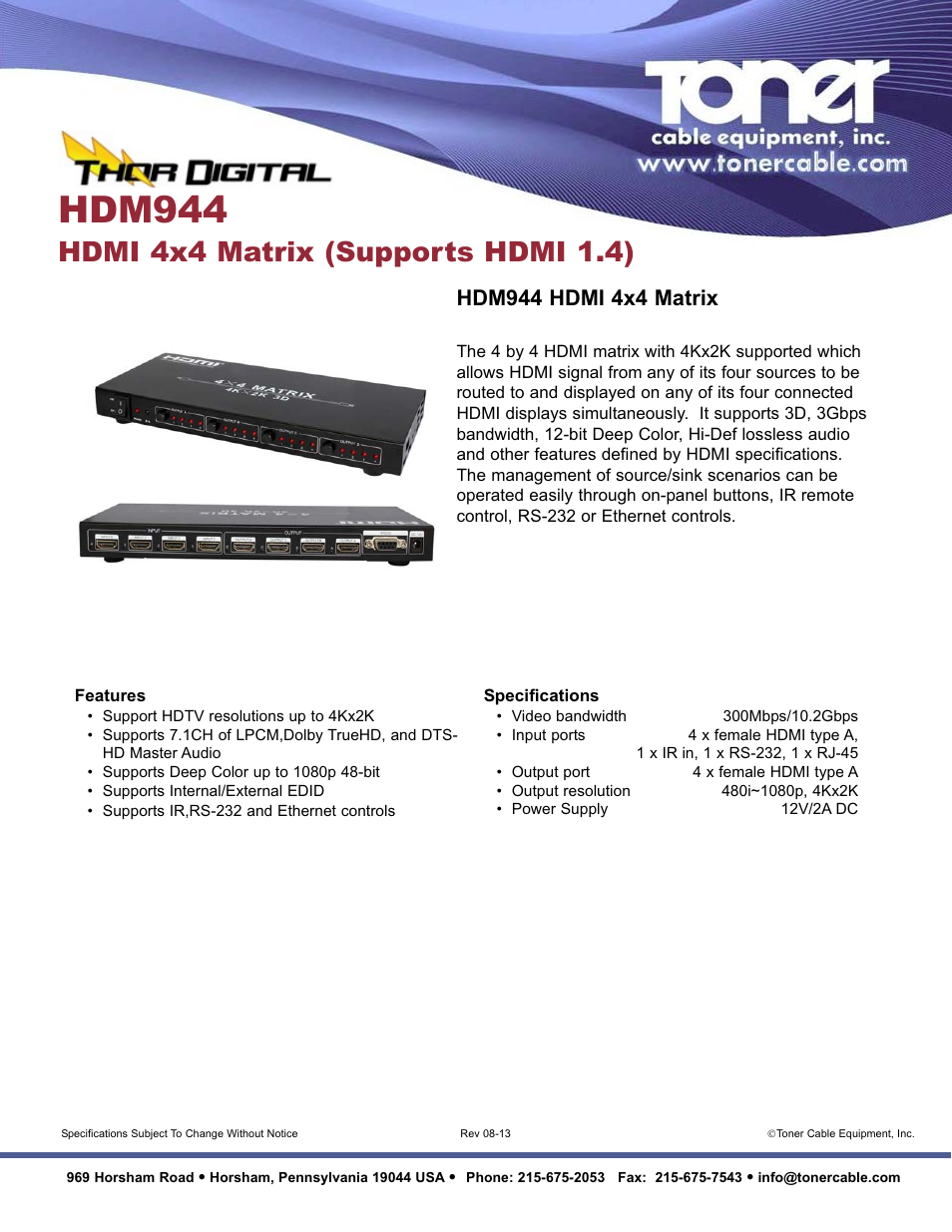 Toner Cable HDM944 HDMI 4x4 Matrix User Manual | 1 page