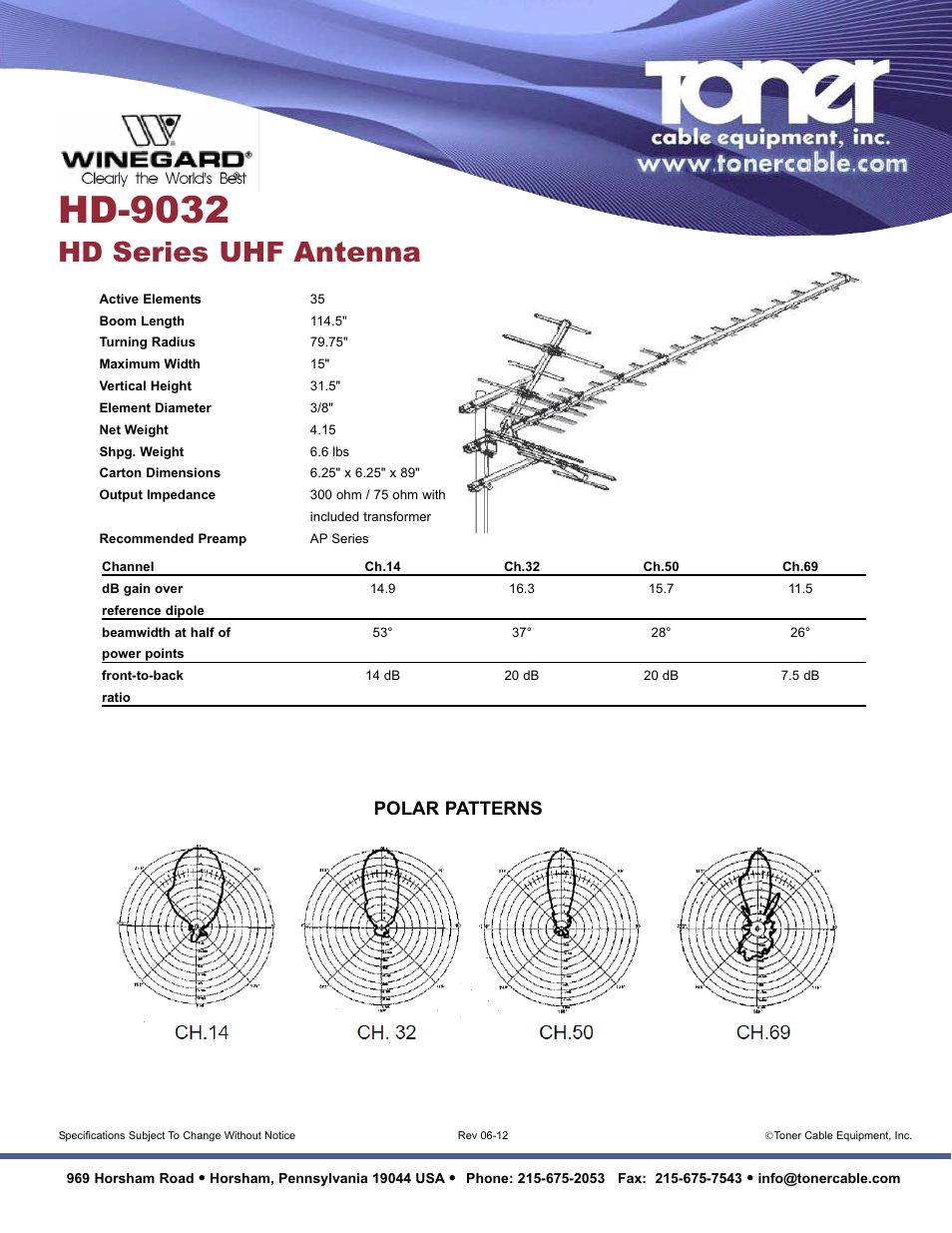 Toner Cable HD9032 HD Series UHF Center Mount Antenna User Manual | 1 page