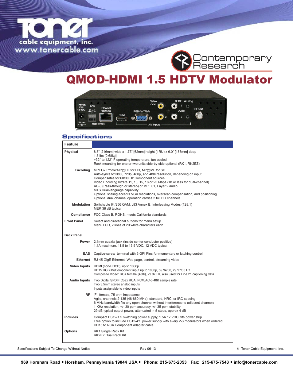 Qmod-hdmi 1.5 hdtv modulator, Specifications | Toner Cable QMOD-HDMI 1.5 HDTV Modulator User Manual | Page 2 / 2