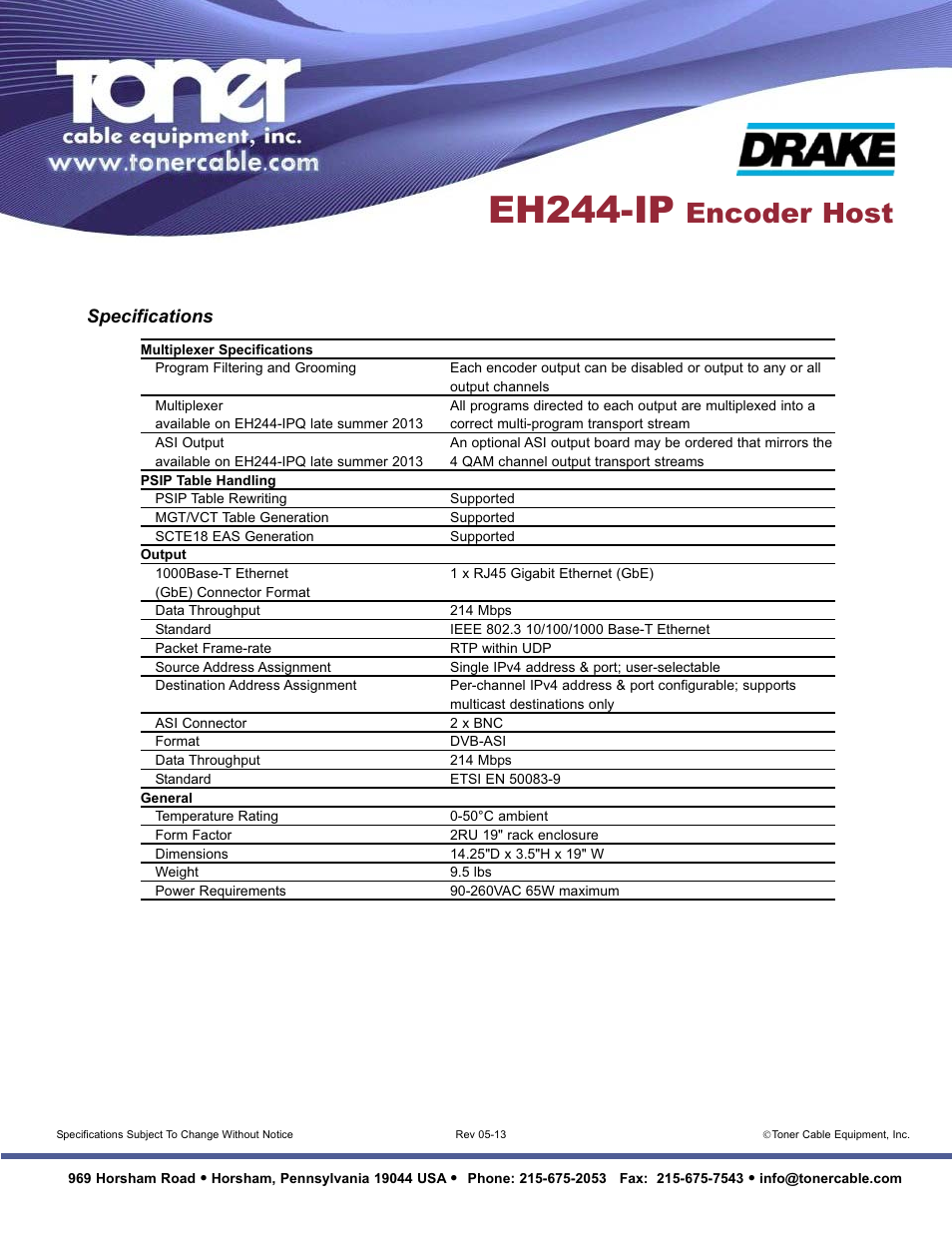 Eh244-ip, Encoder host, Specifications | Toner Cable EH244IP Encoder Host User Manual | Page 2 / 2