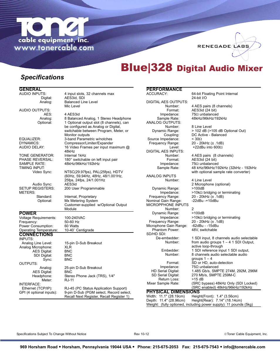 Blue|328, Digital audio mixer, Specifications | Toner Cable Blue|328 Digital Audio Mixer User Manual | Page 2 / 2