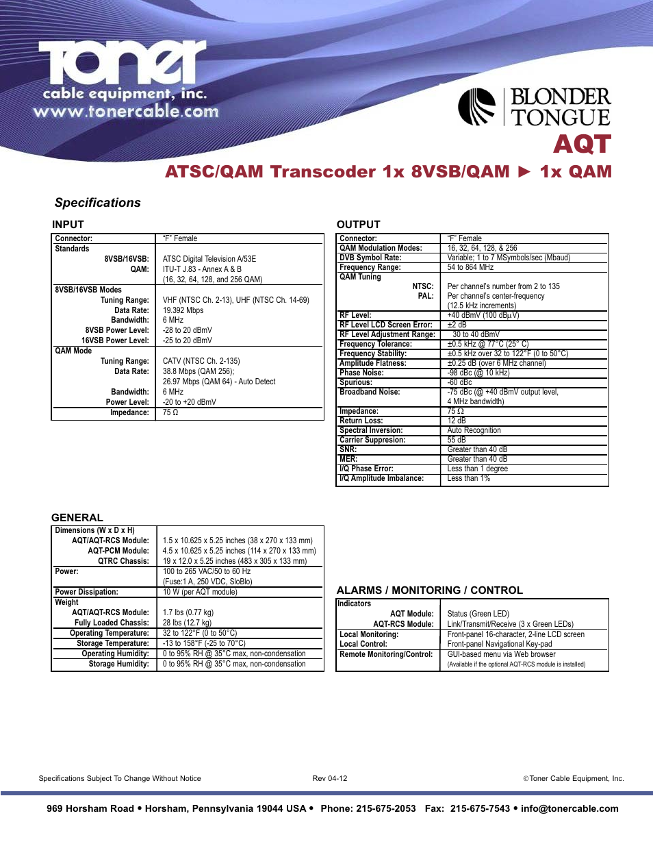 Atsc/qam transcoder 1x 8vsb/qam ► 1x qam, Specifications | Toner Cable AQT 8VSB_QAM to QAM Transcoder User Manual | Page 2 / 2
