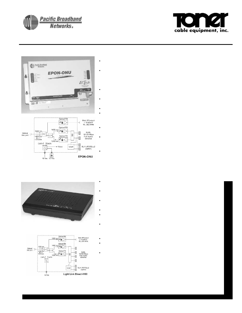 Toner Cable EPON-ONU Light Link Direct Ethernet Passive Optical Network Unit User Manual | 2 pages