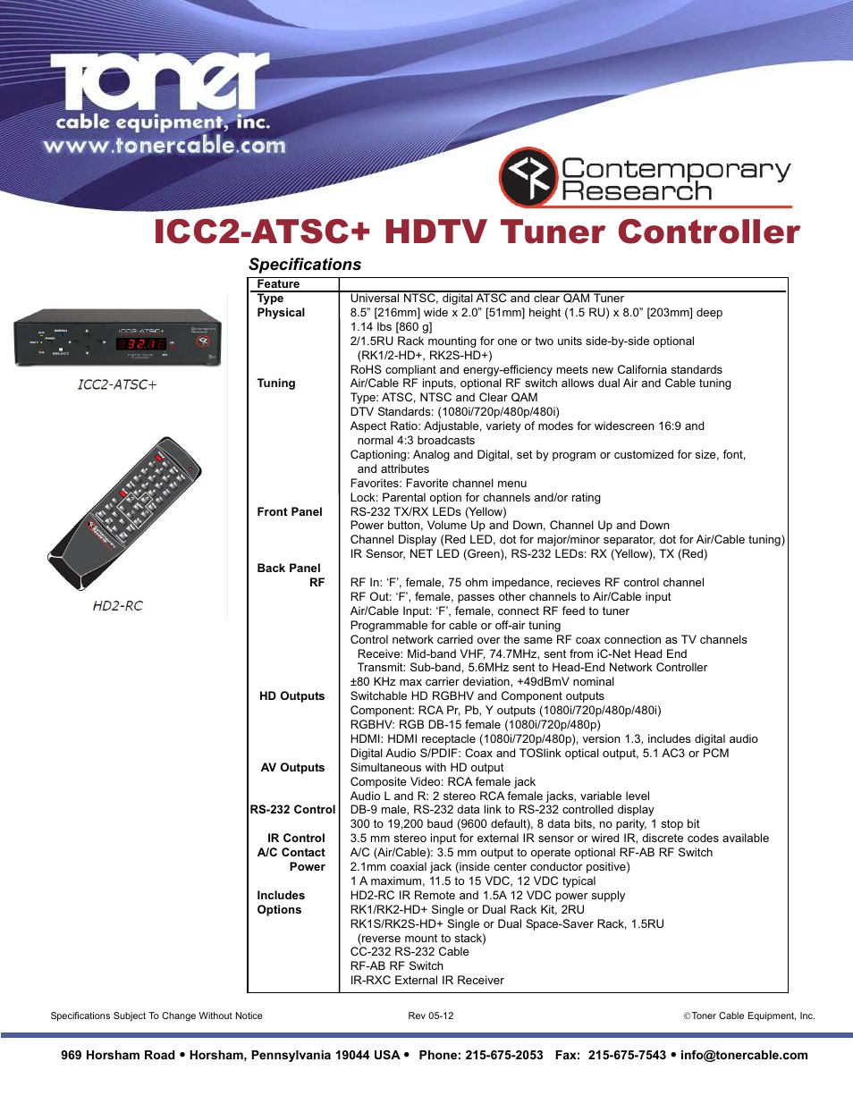 Icc2-atsc+ hdtv tuner controller, Specifications | Toner Cable ICC2-ATSC HDTV Tuner - Controller User Manual | Page 2 / 2