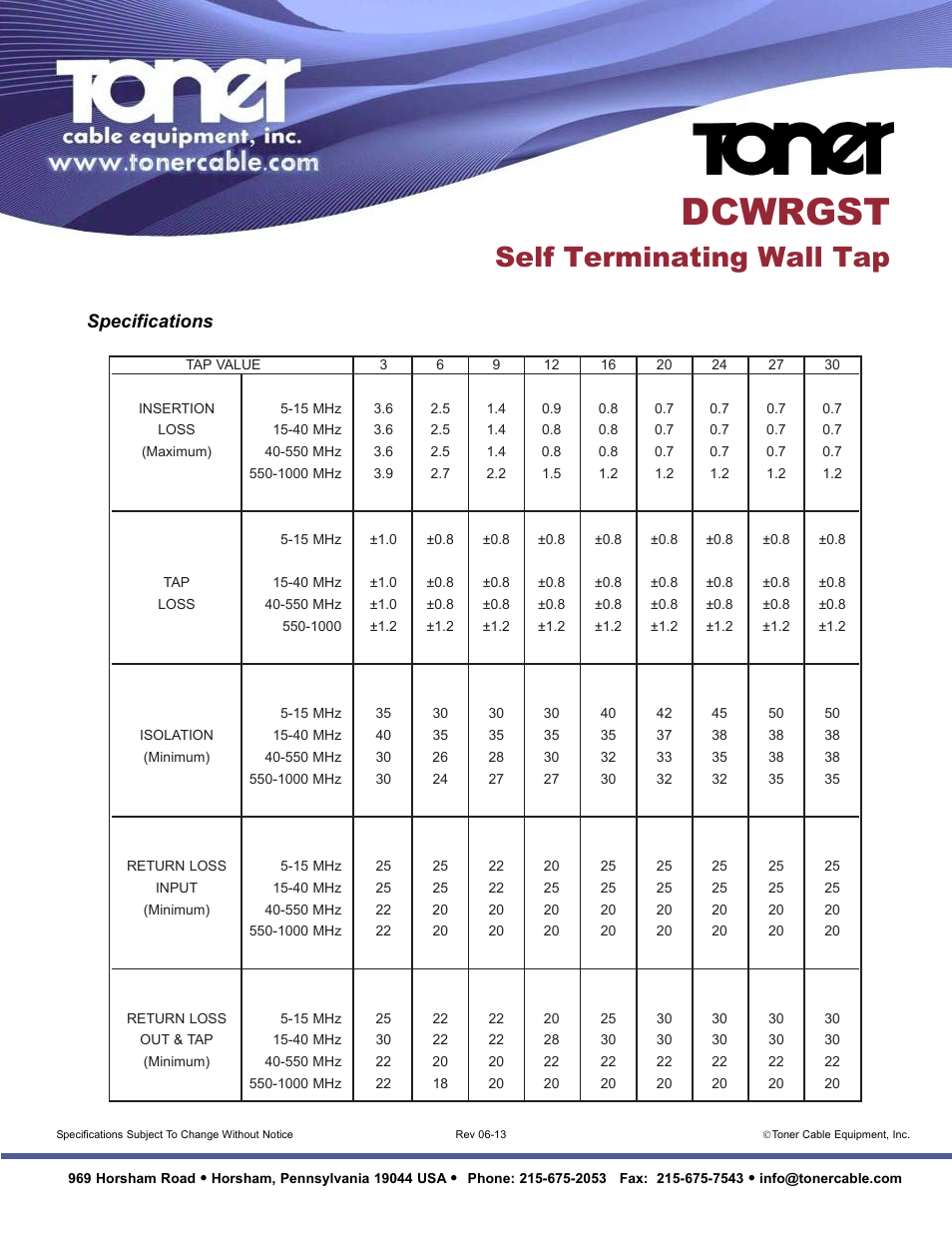 Dcwrgst, Self terminating wall tap, Specifications | Toner Cable DCWRGST-* Self Terminating Wall Tap User Manual | Page 2 / 2