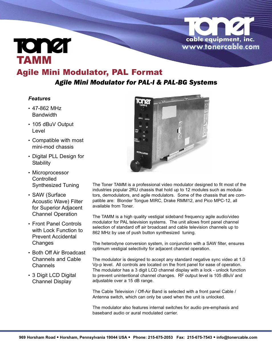 Toner Cable TAMM Frequency Agile Modulator, PAL Format User Manual | 2 pages
