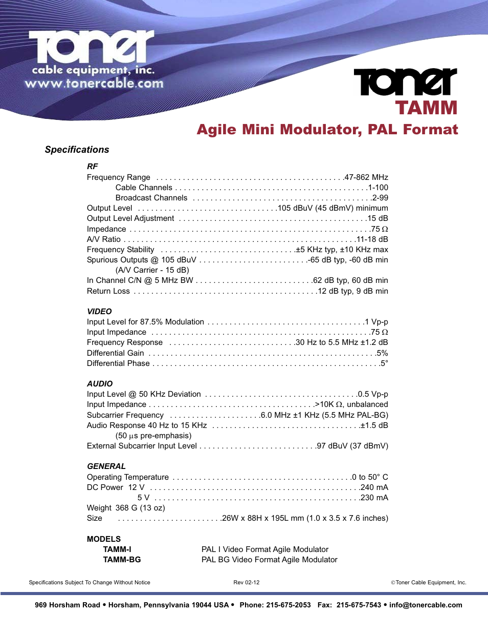 Tamm, Agile mini modulator, pal format | Toner Cable TAMM Frequency Agile Modulator, PAL Format User Manual | Page 2 / 2
