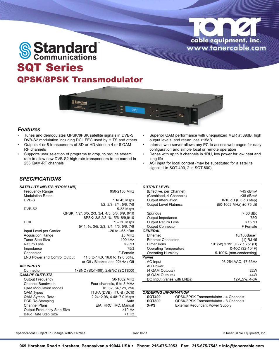 Toner Cable SQT Series QPSK _ 8PSK Transmodulator User Manual | 1 page