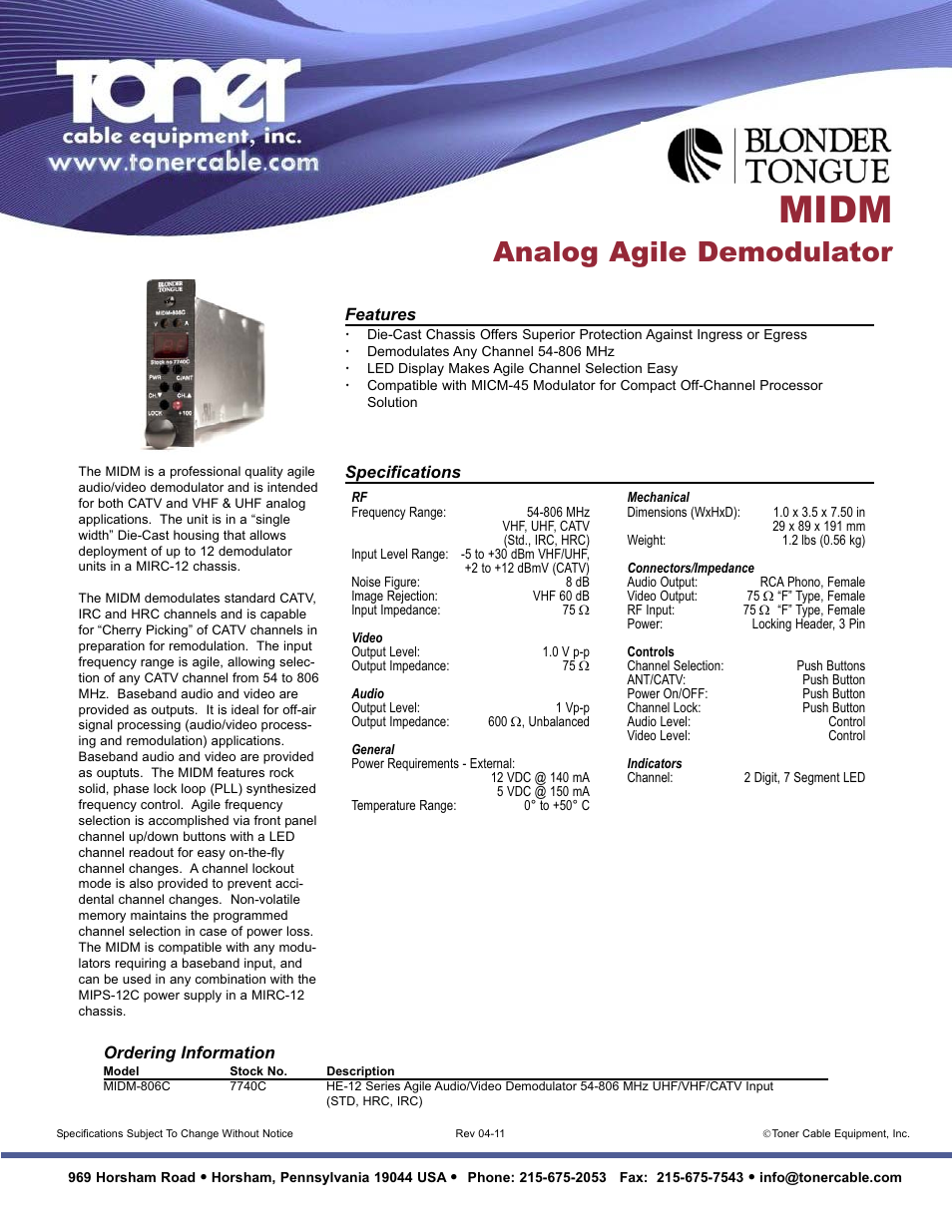 Midm, Analog agile demodulator | Toner Cable MIRC-4CUBE-CH 4 Slot Vertical Micromod Chassis User Manual | Page 2 / 2