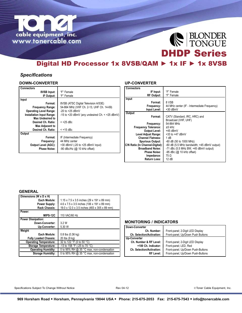 Dhdp series, Specifications | Toner Cable DHDP Digital High Definition Processor User Manual | Page 2 / 2