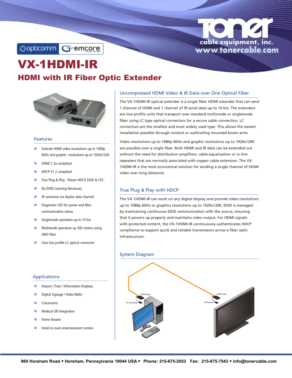 Toner Cable VX-1HDMI-IR HDMI with IR Fiber Optic Extender User Manual | 2 pages
