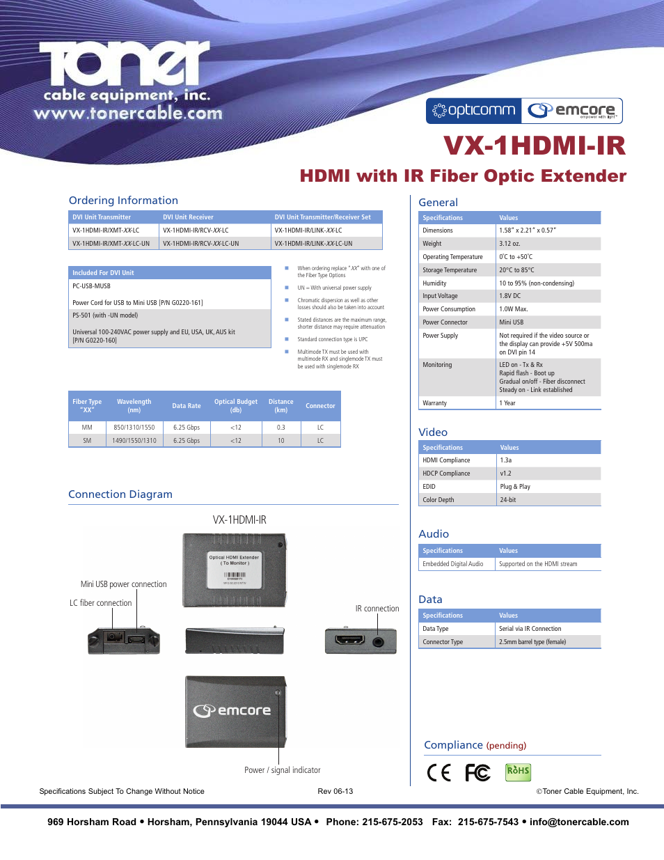 Vx-1hdmi-ir, Hdmi with ir fiber optic extender, Compliance | Ordering information connection diagram, Data audio, General, Video, 969 horsham road | Toner Cable VX-1HDMI-IR HDMI with IR Fiber Optic Extender User Manual | Page 2 / 2