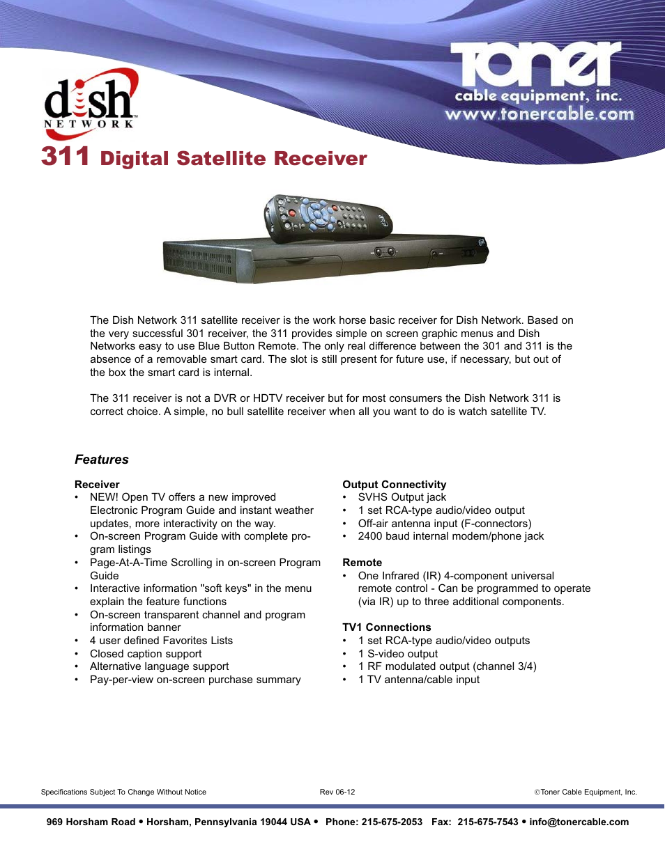 Toner Cable 311 Digital Satellite Receiver User Manual | 1 page