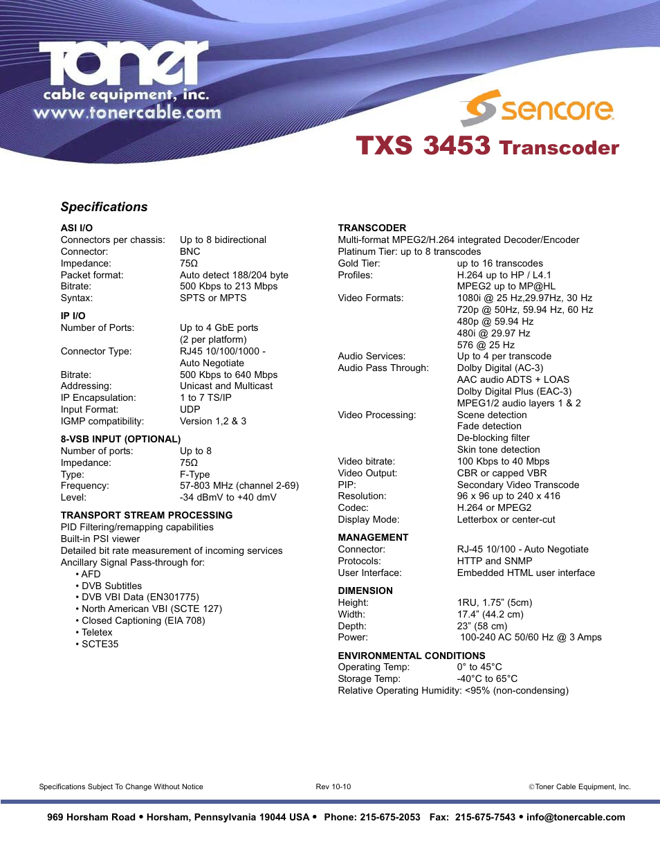 Txs 3453, Transcoder, Specifications | Toner Cable TXS3453 MPEG2 Transcoder User Manual | Page 2 / 2
