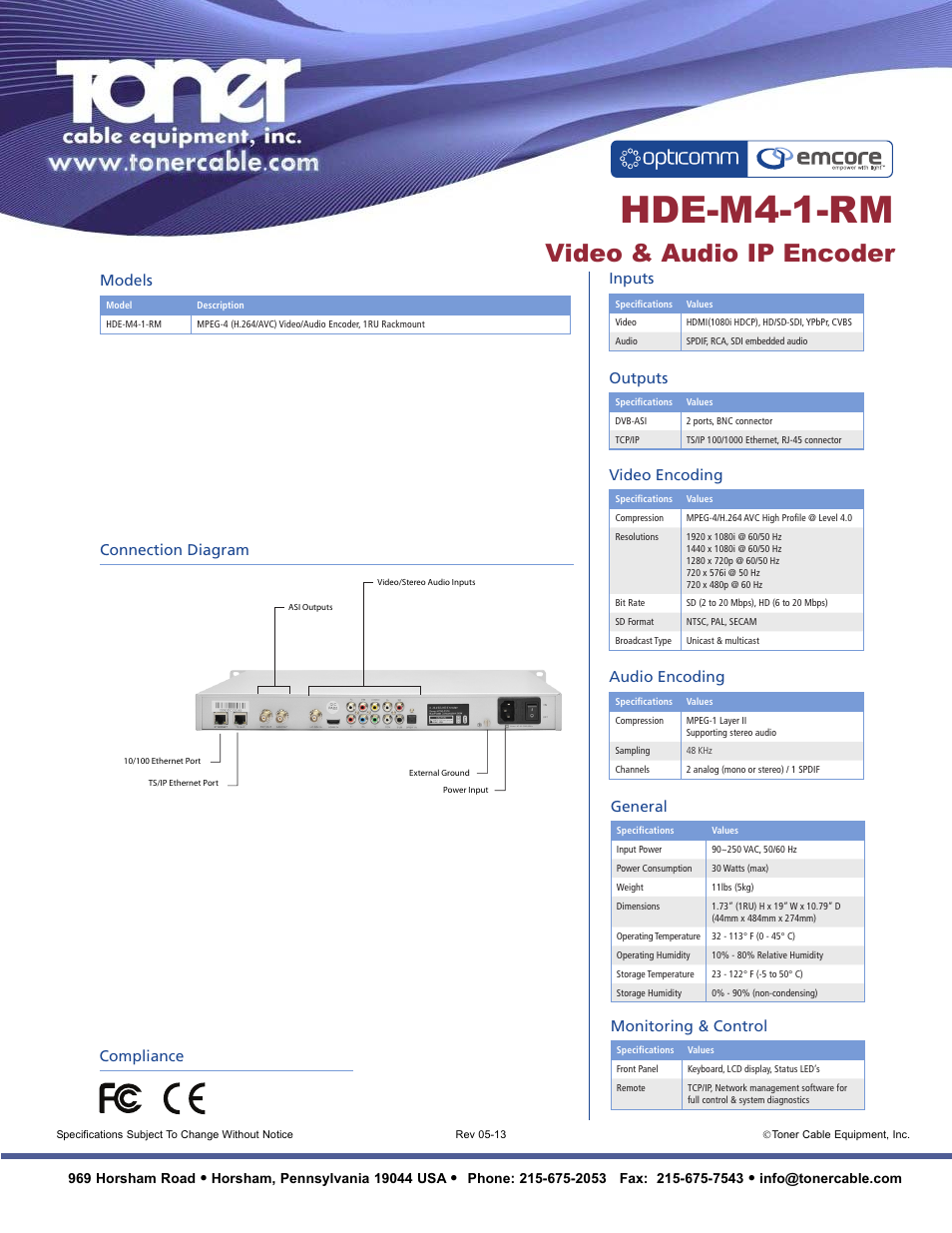 Hde-m4-1-rm, Video & audio ip encoder, Models inputs | Video encoding, Audio encoding, Outputs, Monitoring & control, General, Connection diagram compliance, 969 horsham road | Toner Cable HDE-M4-1-RM Video & Audio IP Encoder User Manual | Page 2 / 2