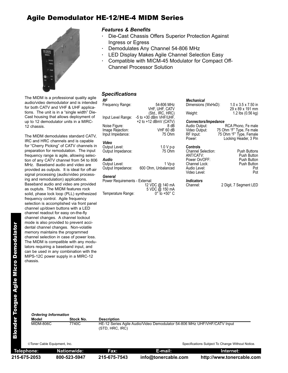 Agile demodulator he-12/he-4 midm series | Toner Cable MIDM-806C 7740C Agile Micromod Demodulator User Manual | Page 2 / 2