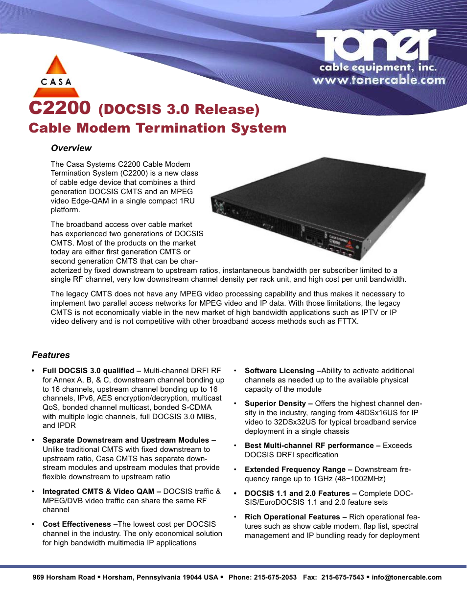 Toner Cable C2200 DOCSIS 3.0 Cable Modem Termination System User Manual | 2 pages