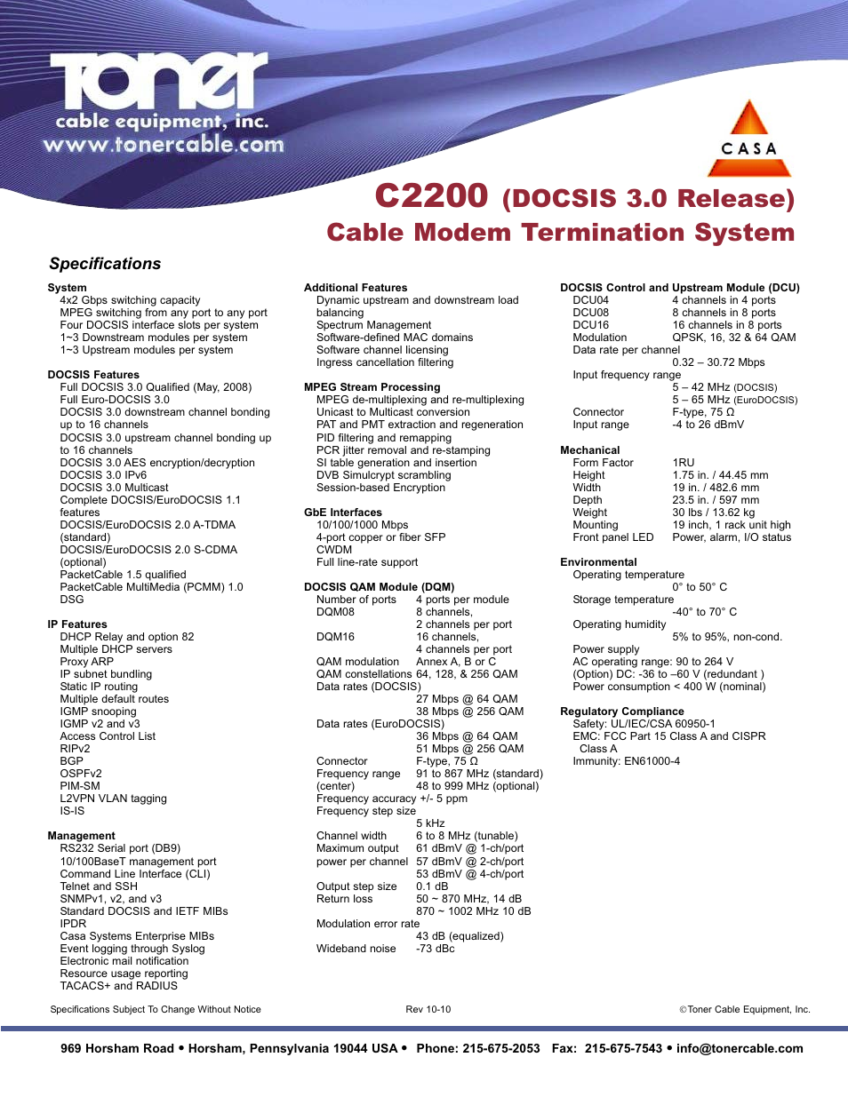 C2200, Docsis 3.0 release) cable modem termination system, Specifications | Toner Cable C2200 DOCSIS 3.0 Cable Modem Termination System User Manual | Page 2 / 2