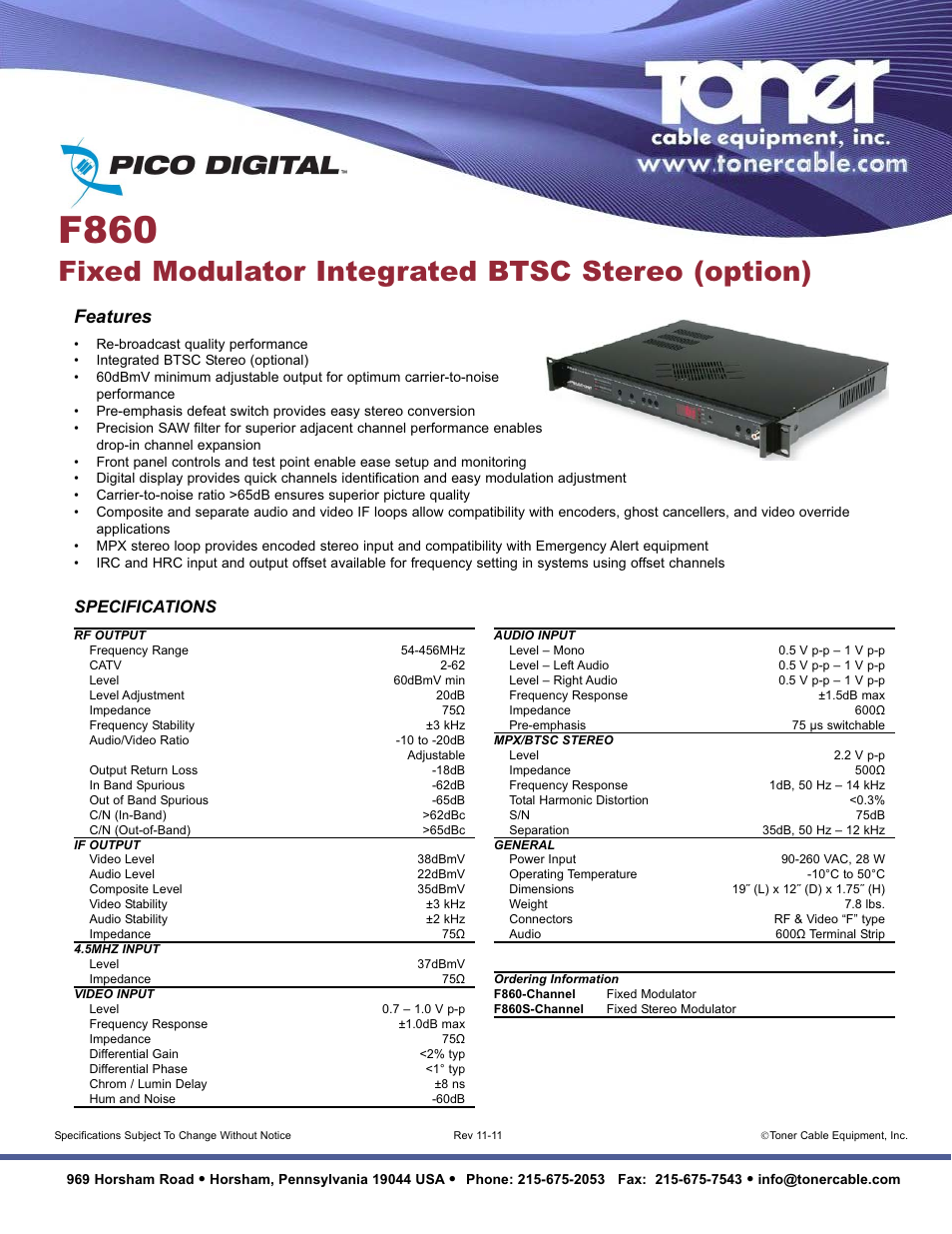Toner Cable F860 Fixed Modulator Integrated BTSC Stereo (option) User Manual | 1 page