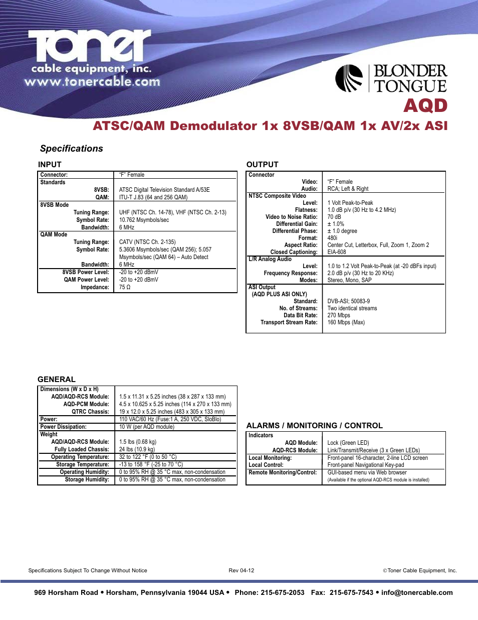 Atsc/qam demodulator 1x 8vsb/qam 1x av/2x asi, Specifications | Toner Cable AQD ATSC _ QAM Demodulator User Manual | Page 2 / 2