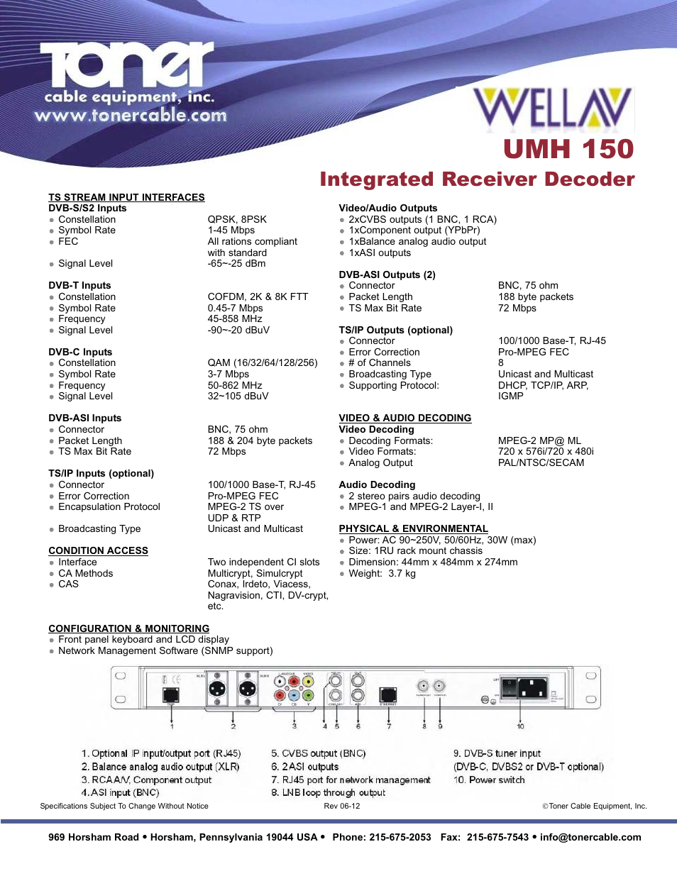 Umh 150, Integrated receiver decoder | Toner Cable UMH150 Integrated Receiver Decoder User Manual | Page 2 / 2