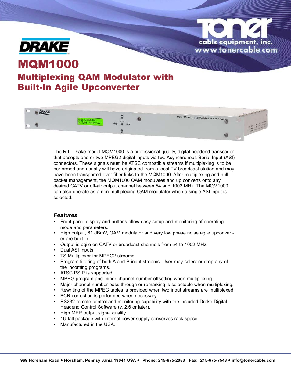 Toner Cable MQM1000 Multiplexing QAM Modulator User Manual | 2 pages