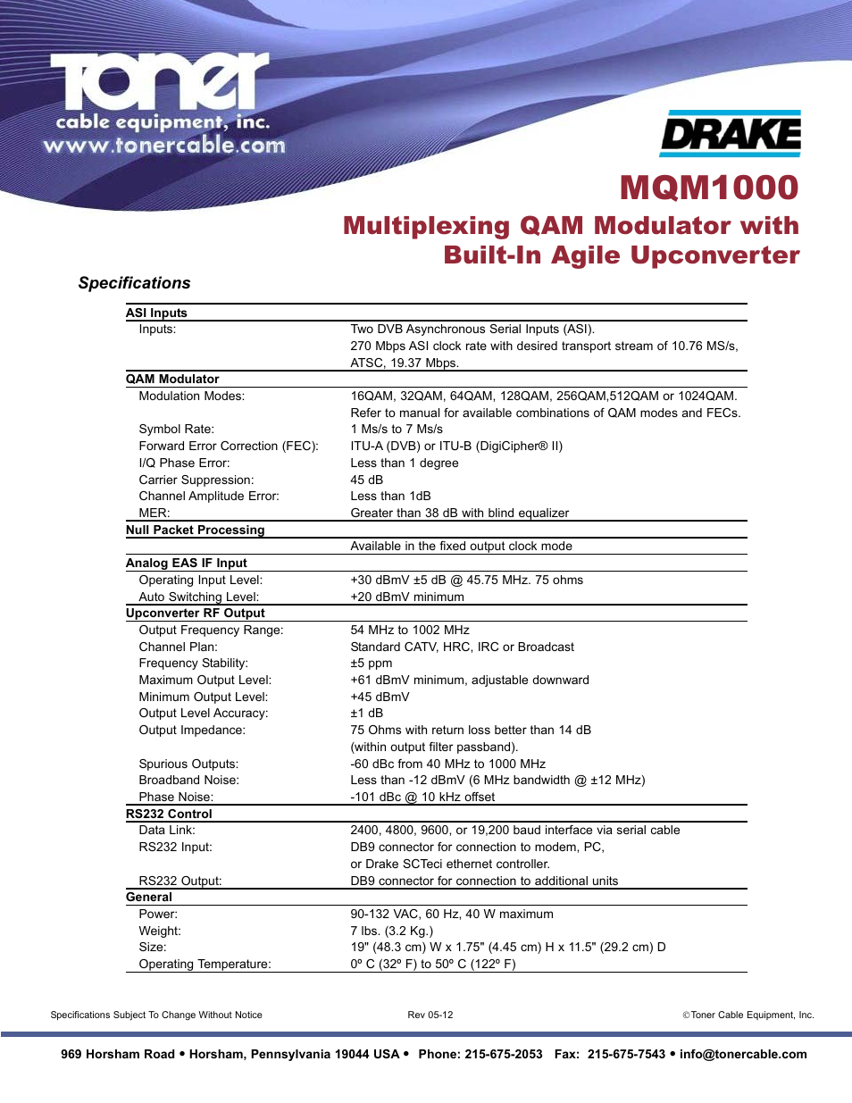 Mqm1000, Specifications | Toner Cable MQM1000 Multiplexing QAM Modulator User Manual | Page 2 / 2