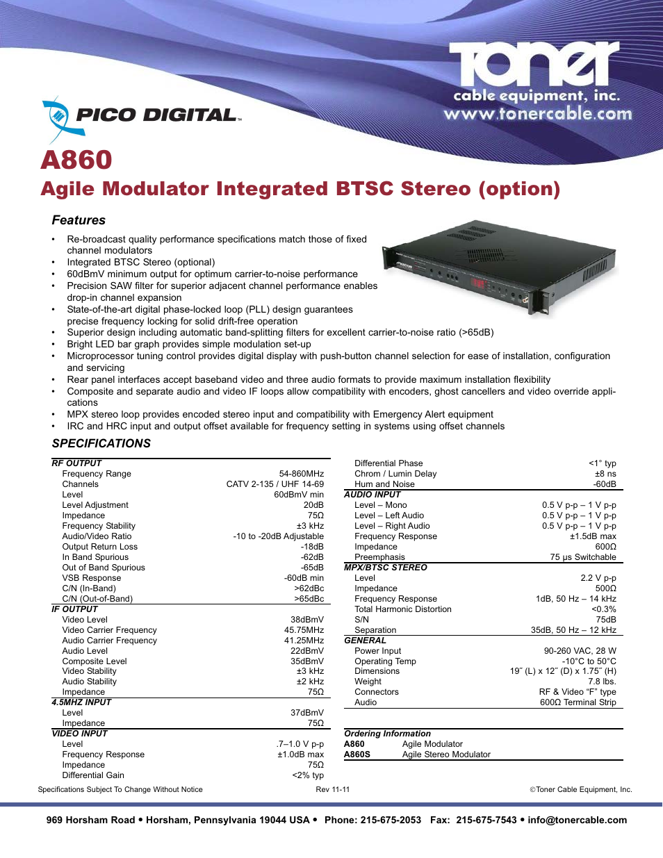 Toner Cable A860 Agile Modulator Integrated BTSC Stereo (option) User Manual | 1 page