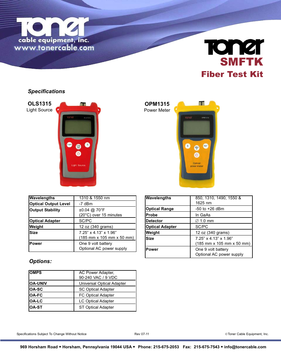 Smftk, Fiber test kit, Specifications | Options: ols1315, Opm1315 | Toner Cable SMFTK Fiber Test Kit User Manual | Page 2 / 2