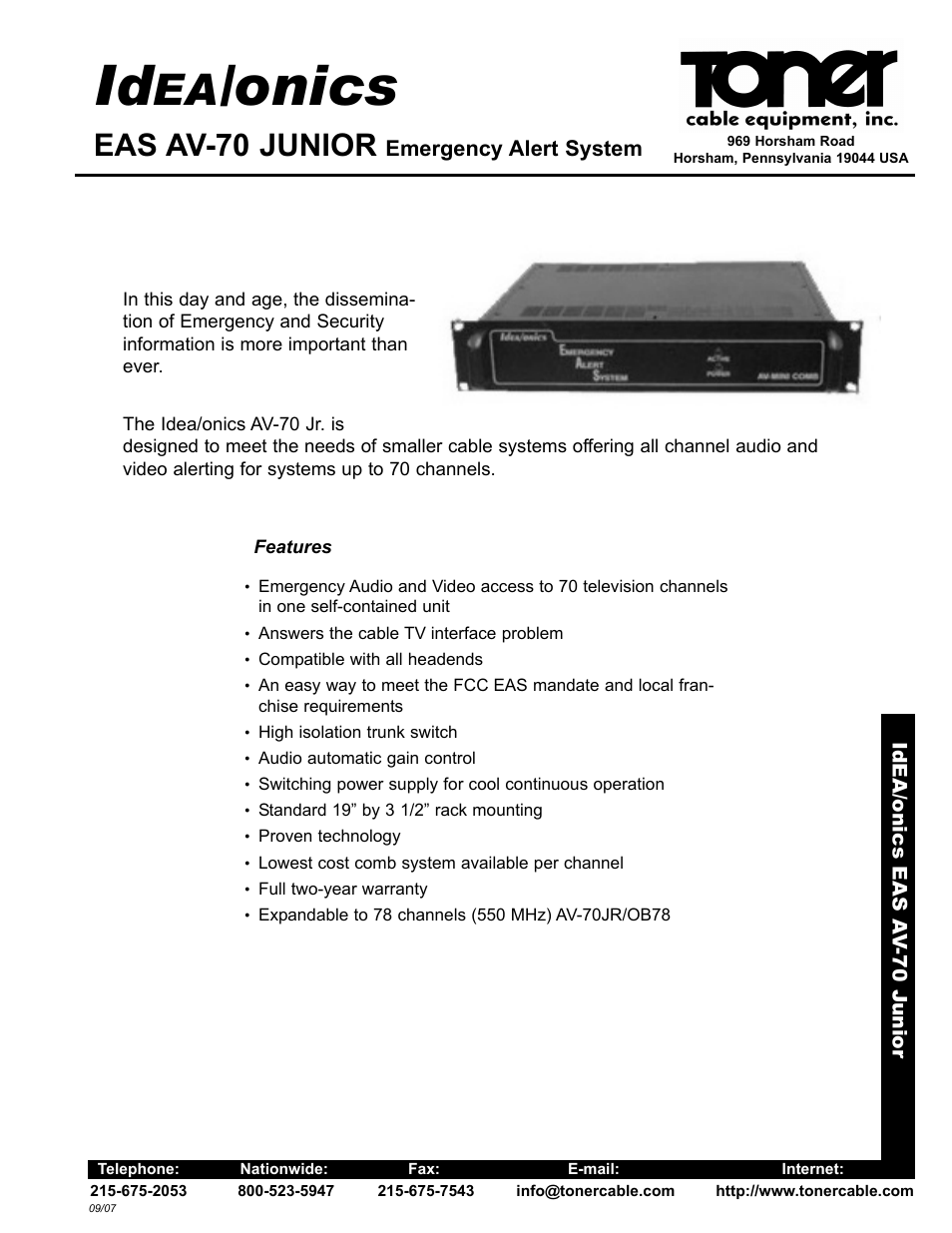 Toner Cable AV-70 Junior Emergency Alert System User Manual | 2 pages