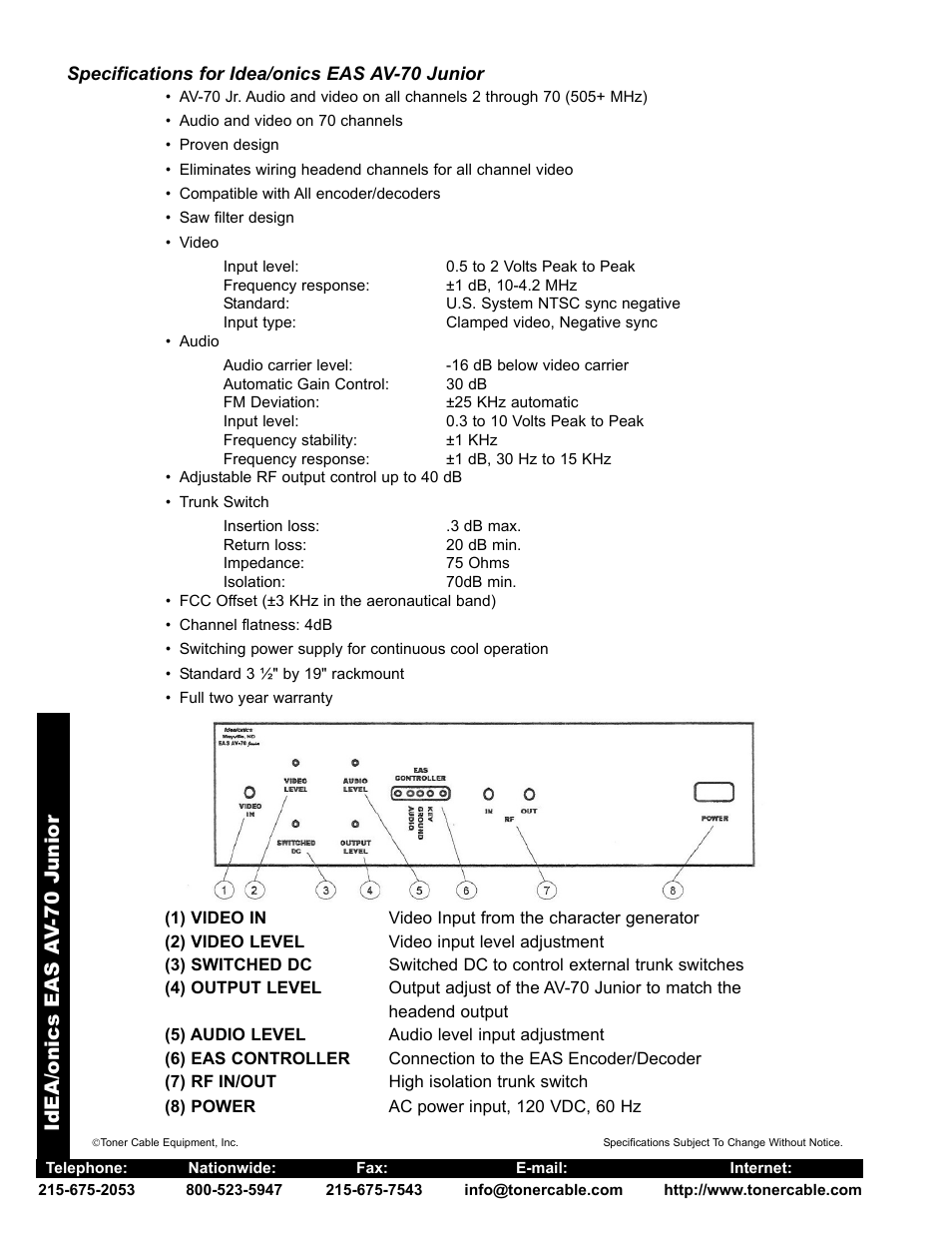 Idea/onics eas a v -70 j unior | Toner Cable AV-70 Junior Emergency Alert System User Manual | Page 2 / 2