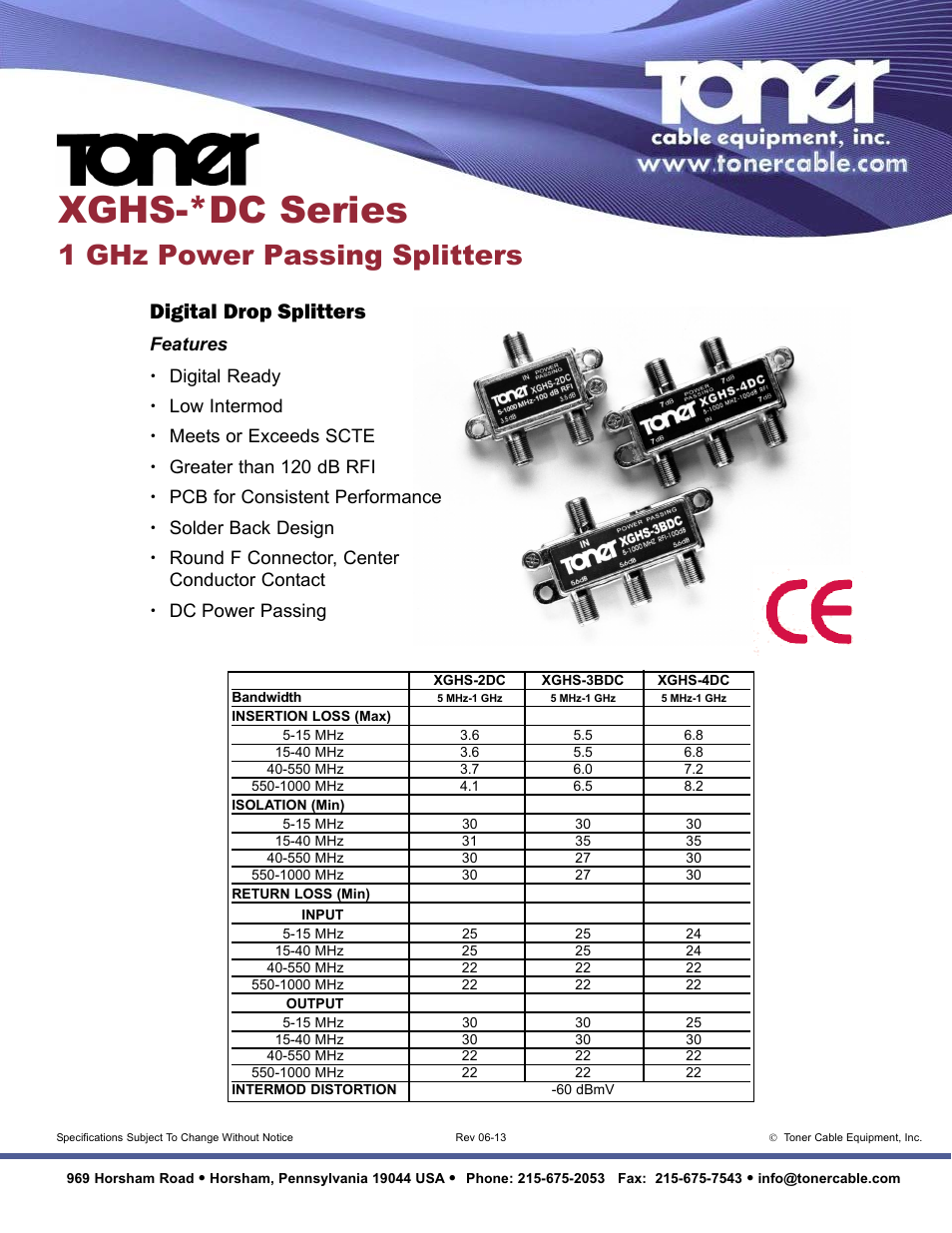 Toner Cable XGHS-2DC 1 GHz 2 Way Digital Drop Splitter DC Power Passing All Ports User Manual | 1 page