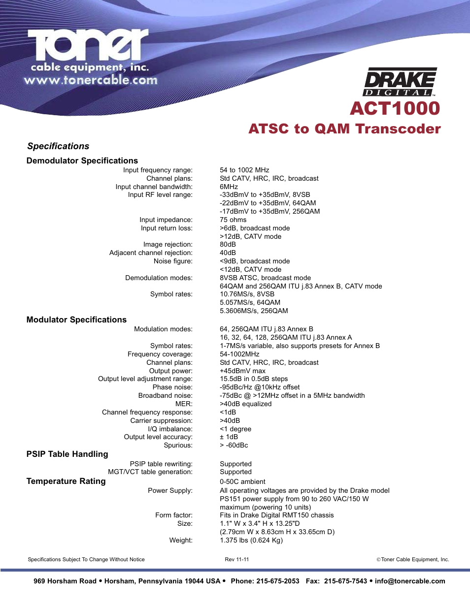 Act1000, Atsc to qam transcoder, Specifications | Toner Cable ACT1000 ATSC to Qam Transcoder User Manual | Page 2 / 2