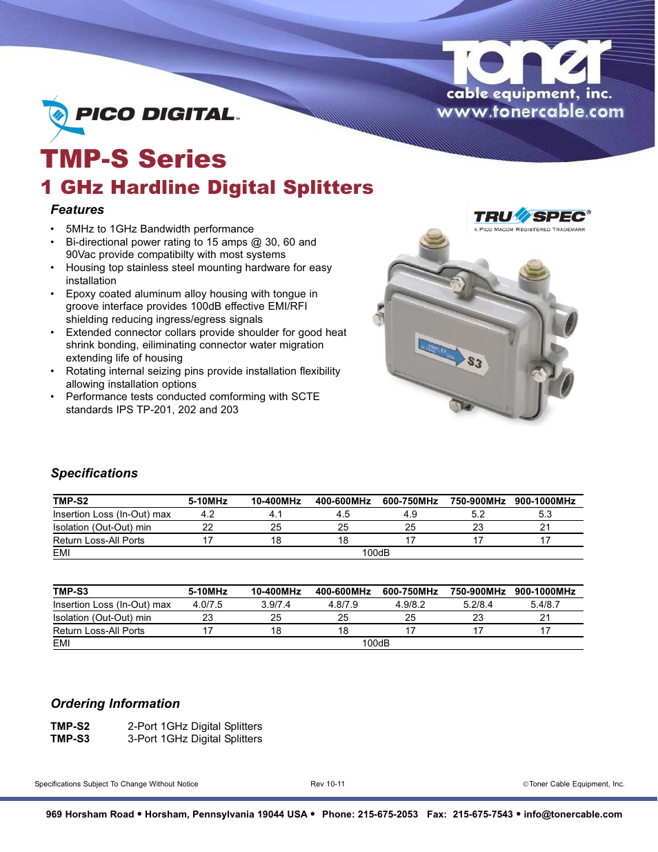 Toner Cable TMP-S Series 1 GHz Hardline Digital Splitters User Manual | 1 page