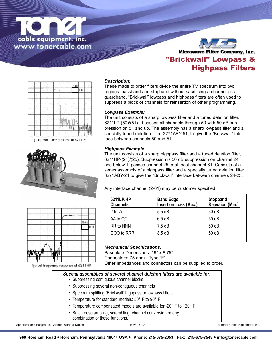 Brickwall" lowpass & highpass filters | Toner Cable 3271 Series Brickwall Single TV Channel Elimination Filters User Manual | Page 2 / 2