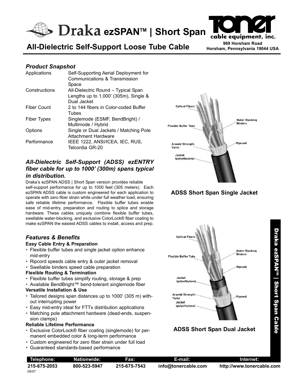 Toner Cable ezSPAN Short Span All-Dielectric Self-Support Loose Tube Cable User Manual | 2 pages