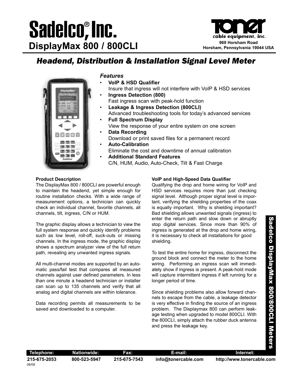 Toner Cable DisplayMax 800 Headend, Distribution & Installation Signal Level Meter User Manual | 2 pages