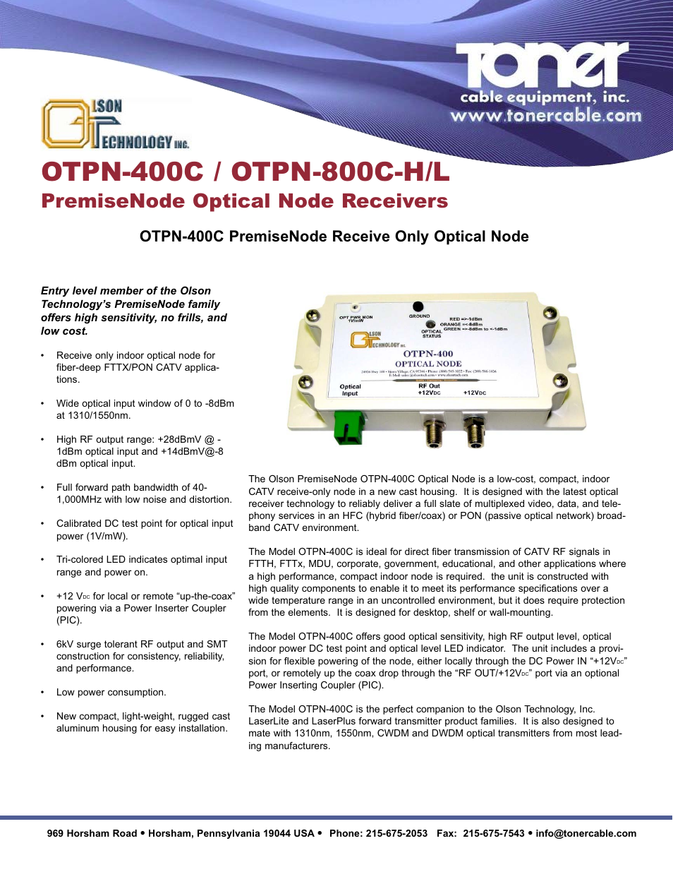 Toner Cable OTPN-400C PremiseNode Receive Only Optical Node User Manual | 2 pages