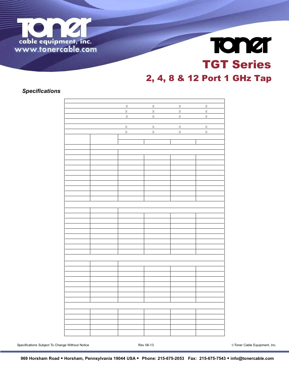 Tgt series, Specifications | Toner Cable TGT4 4 Port 1 GHz Taps User Manual | Page 2 / 2
