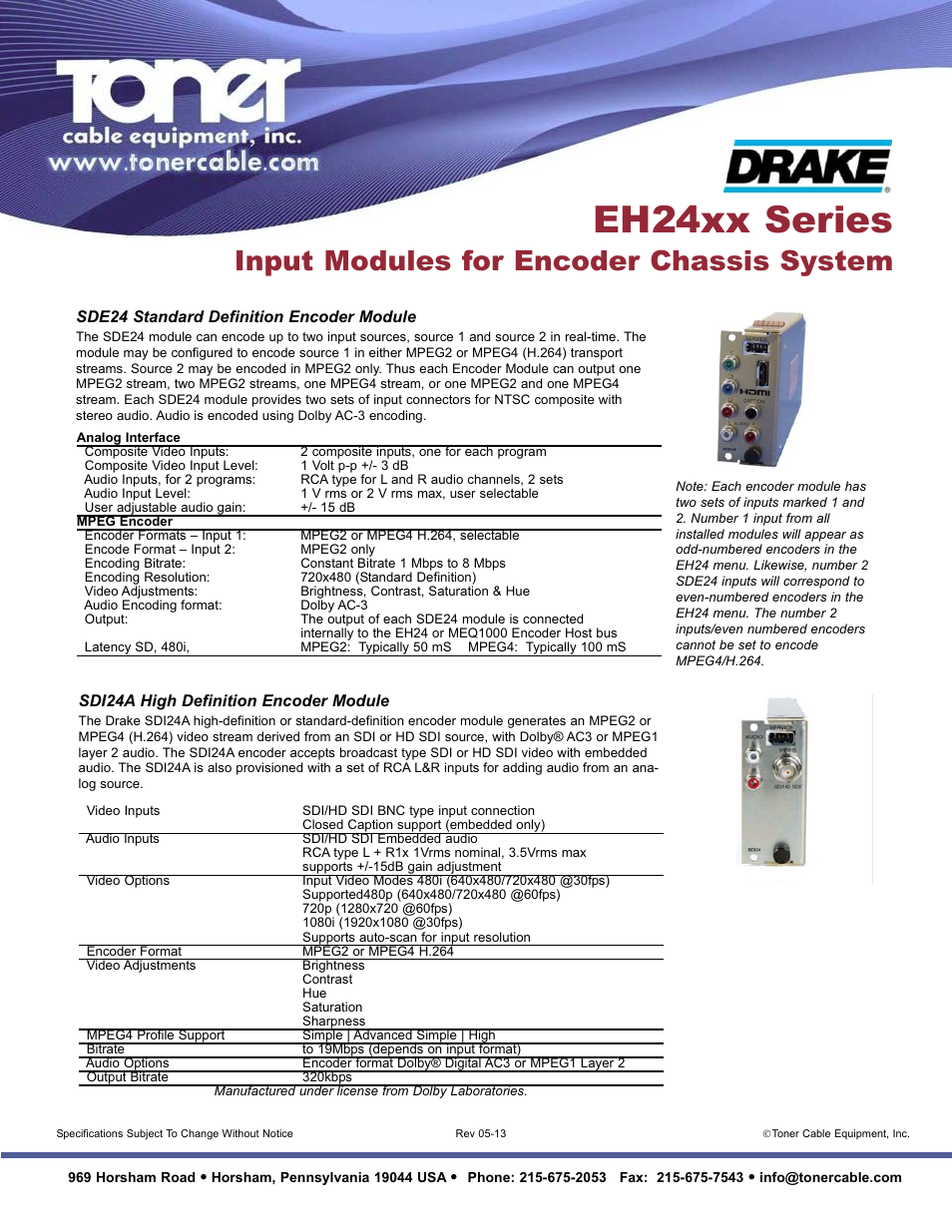 Eh24xx series, Input modules for encoder chassis system | Toner Cable SDE24 Standard Definition Encoder Module User Manual | Page 2 / 3