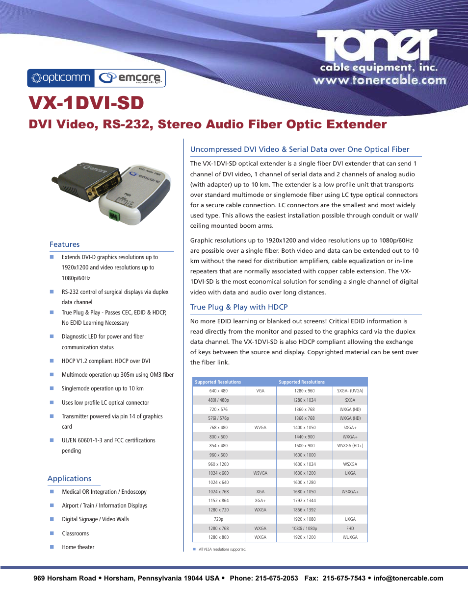 Toner Cable VX-1DVI-SD DVI Video, RS-232, Stereo Audio Fiber Optic Extender User Manual | 2 pages