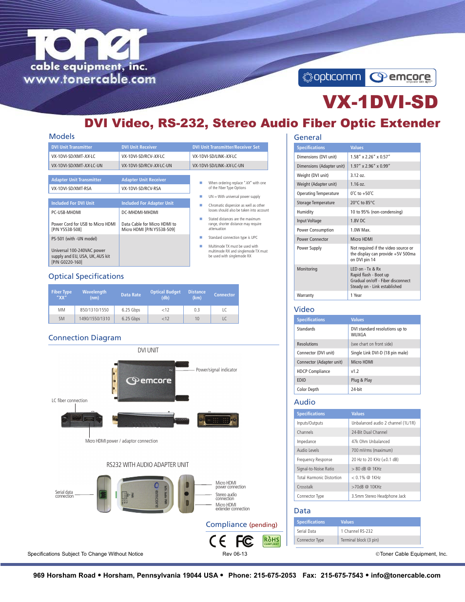 Vx-1dvi-sd, Video, Models connection diagram compliance | General, Optical specifications, Data audio, 969 horsham road | Toner Cable VX-1DVI-SD DVI Video, RS-232, Stereo Audio Fiber Optic Extender User Manual | Page 2 / 2