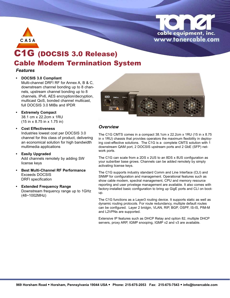 Toner Cable C1G (DOCSIS 3.0 Release) Cable Modem Termination System User Manual | 2 pages
