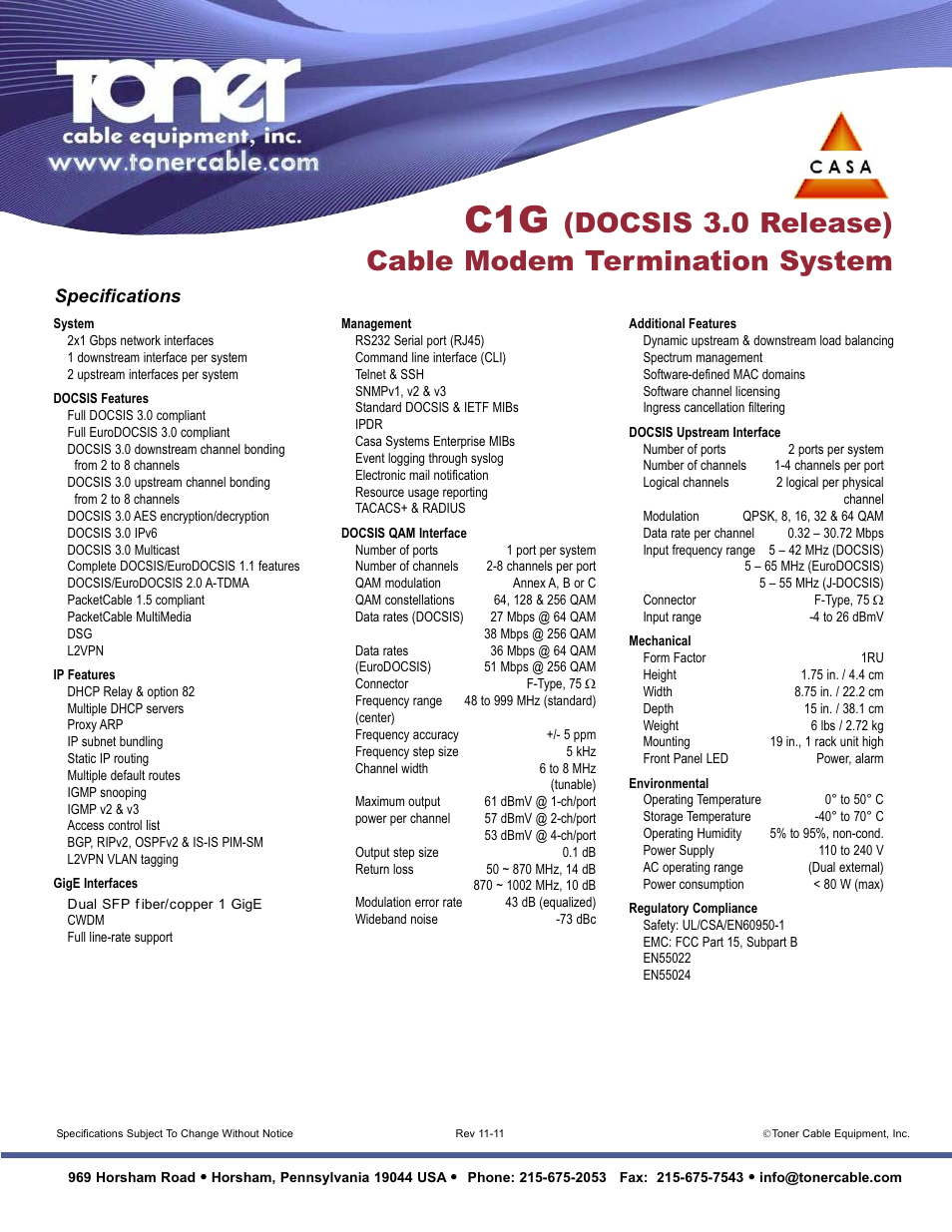 Docsis 3.0 release) cable modem termination system, Specifications | Toner Cable C1G (DOCSIS 3.0 Release) Cable Modem Termination System User Manual | Page 2 / 2