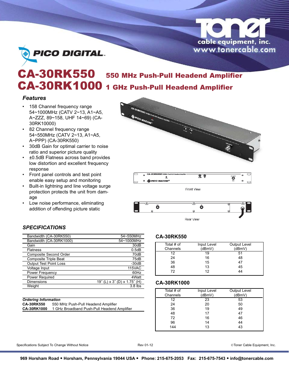 Toner Cable CA-30RK1000 1 GHz Broadband Push-Pull Headend Amplifier, 30 dB gain User Manual | 1 page