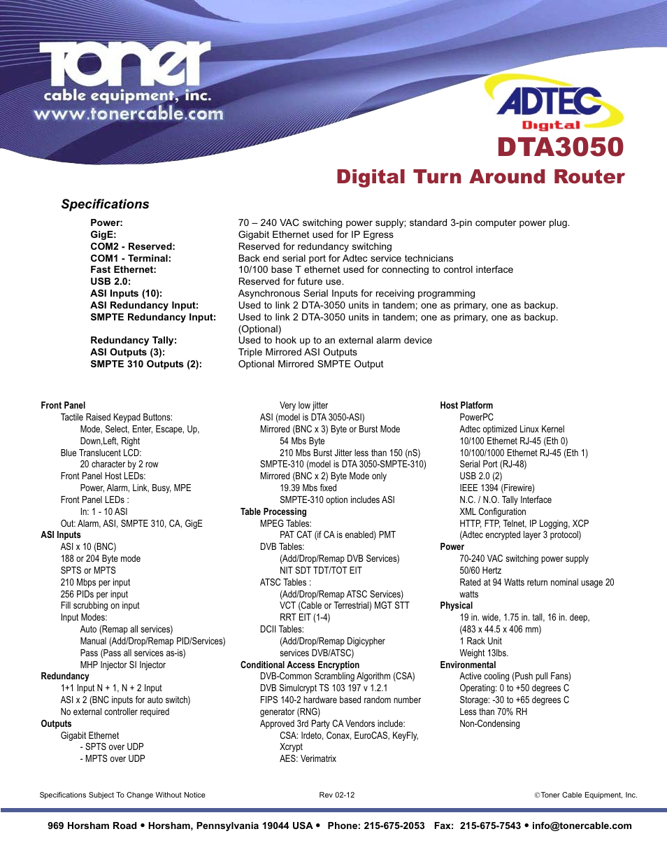 Dta3050, Digital turn around router, Specifications | Toner Cable DTA 3050 Adtec Digital Turn Around Router User Manual | Page 2 / 2