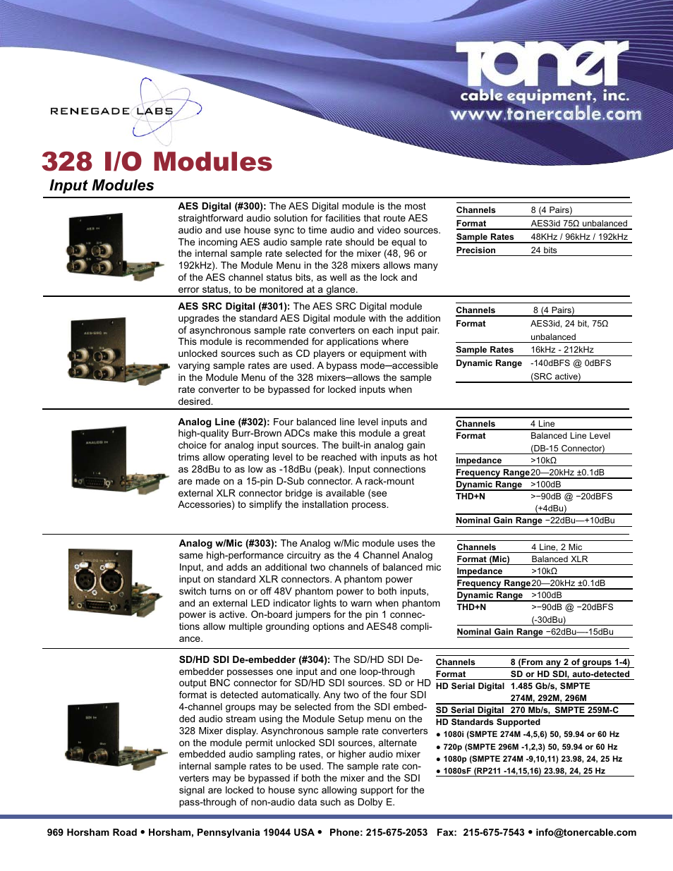 Toner Cable AES Digital #300 328 lnput-Output Modules User Manual | 2 pages